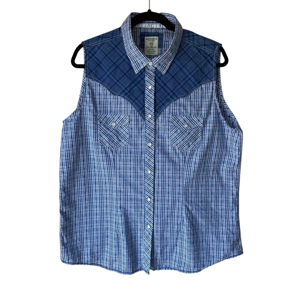 Panhandle Women's Western Blue Plaid Sleeveless Button-Up Shirt Size XL